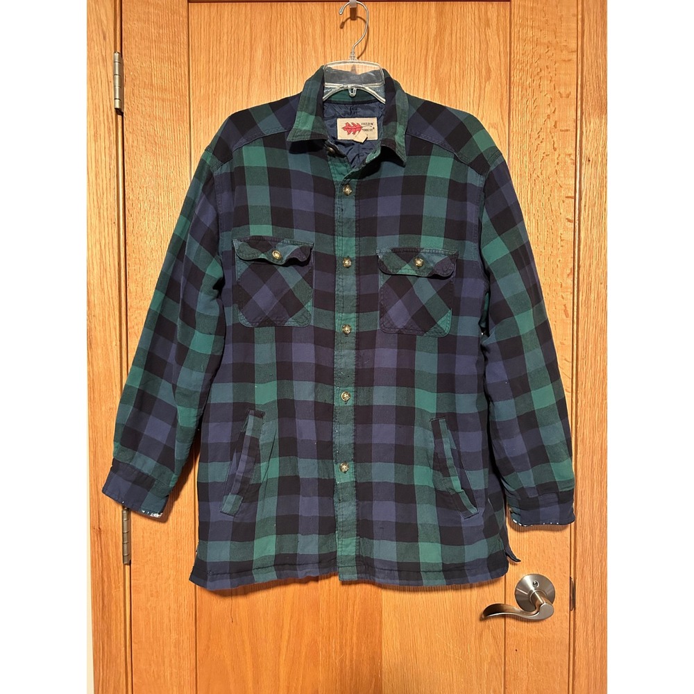 Vintage Field N Forest Mens Quilted Flannel Shirt Jacket Green Navy Plaid Medium